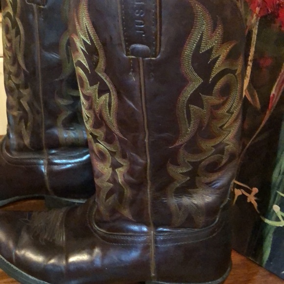 Justin Cowboy Boots Brown Tan Black Orange 12D - Picture 3 of 9